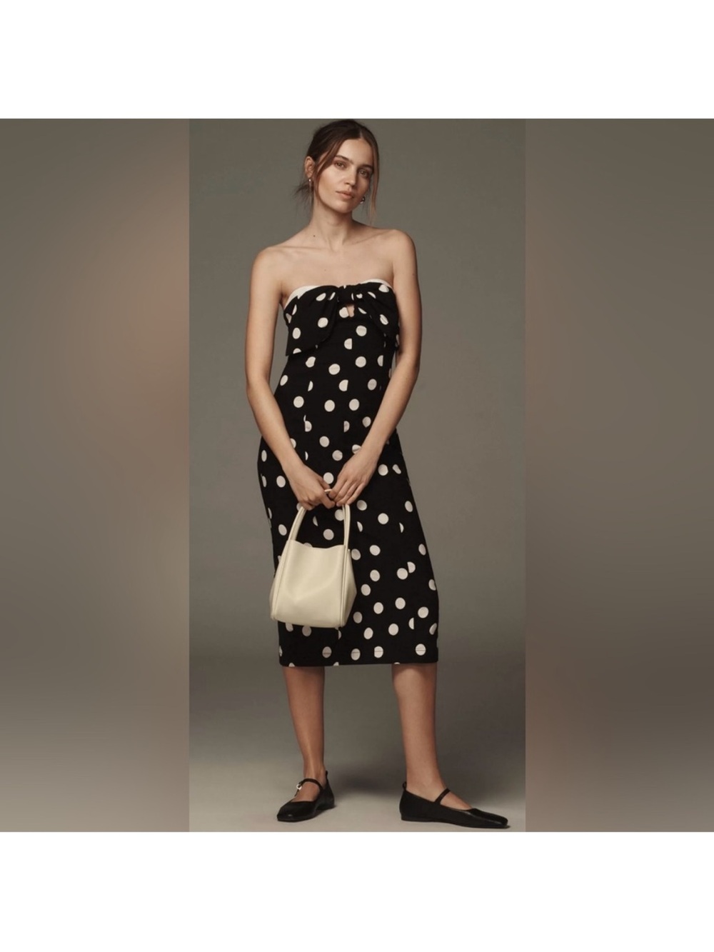 Anthropologie Black and White Polka Dot Strapless Midi Dress